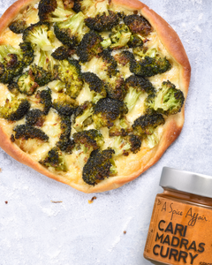 BARBECUED CURRY MADRAS BROCCOLI PIZZA WITH GOAT CHEESE