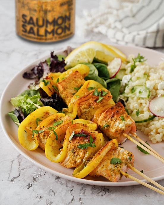 SALMON KEBABS WITH CHARRED LEMON & PEARLED COUSCOUS