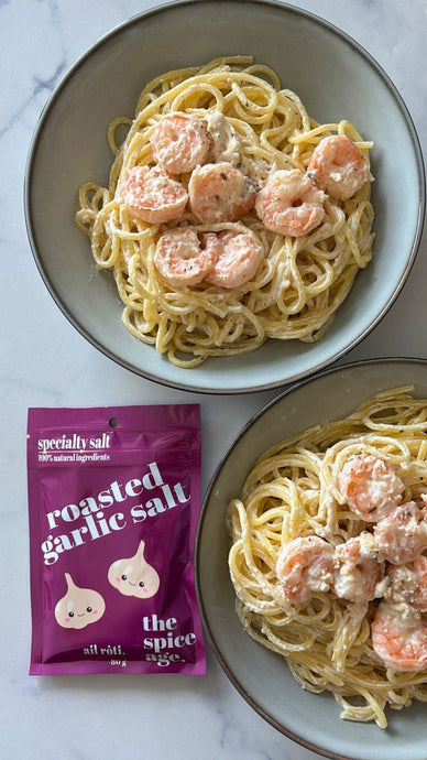 ROASTED GARLIC SPAGHETTI WITH SHRIMP & FETA