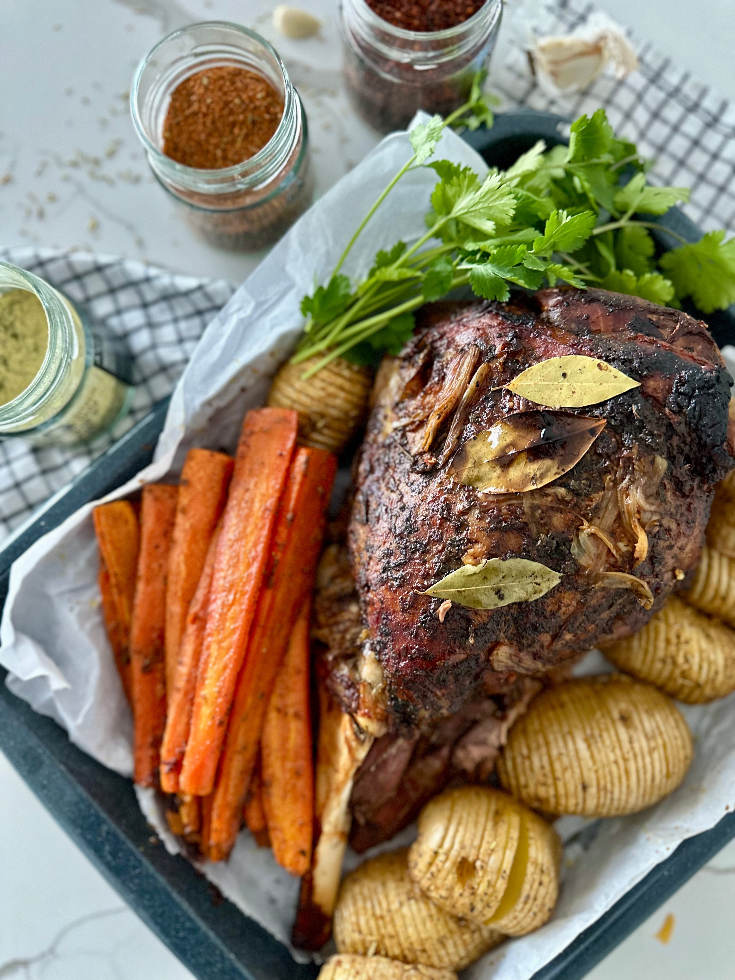 SAVOURY BBQ LEG OF LAMB WITH ROASTED CARROTS