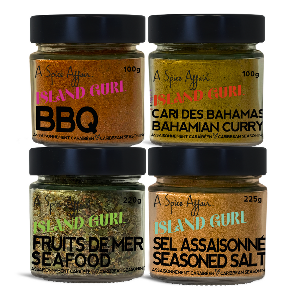 COFFRET D'ASSAISONNEMENTS CARAÏBÉENS D'ISLAND GURL DÎNER AU PARADIS [4 POTS] **PRÉVENTE**